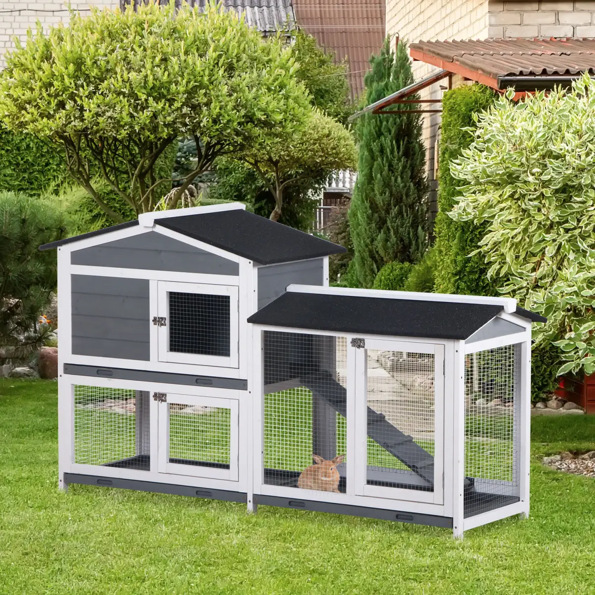 PawHut PawHut 2-Tier Wooden Rabbit Hutch Guinea Pig House Pet Cage Outdoor w/ Tray Ramp - Rabbit Hutch