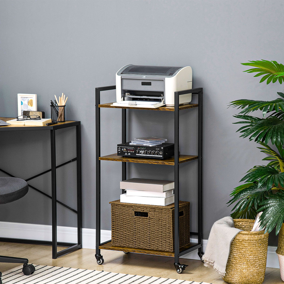 HOMCOM 3-Tier Printer Stand, Utility Cart, Rolling Trolley Adjustable Shelves - from Unbranded