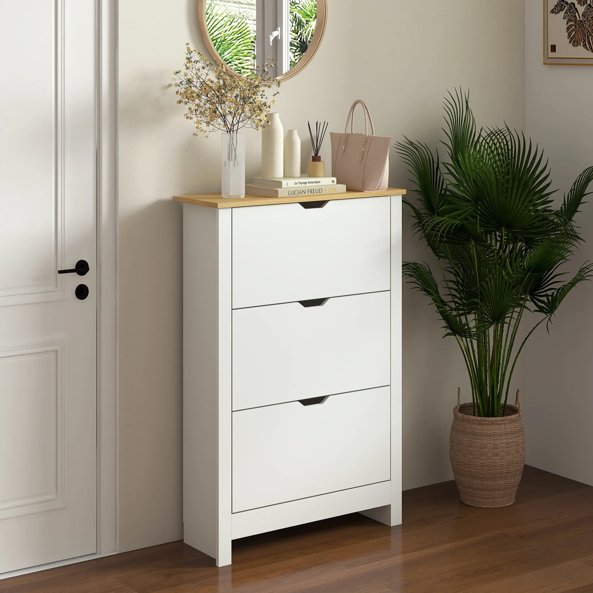 HOMCOM HOMCOM Shoe Cabinet White Wood Top 18 Pair Capacity 6 Shelves 3 Drawers Anti Tip - Shoe Storage