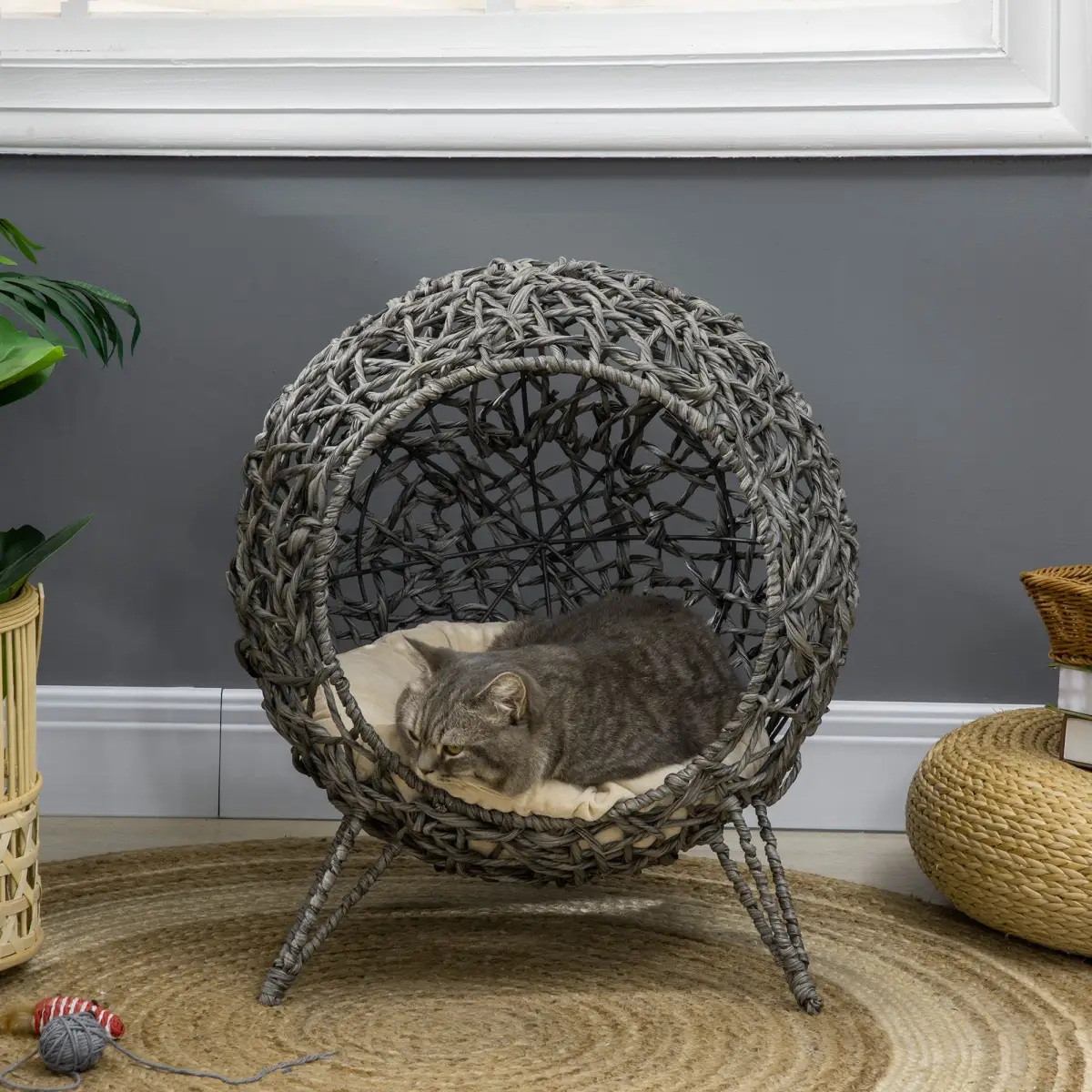 PawHut Rattan Elevated Cat House Kitten Bed Pet Furniture w/ Cushion Grey - Cat House