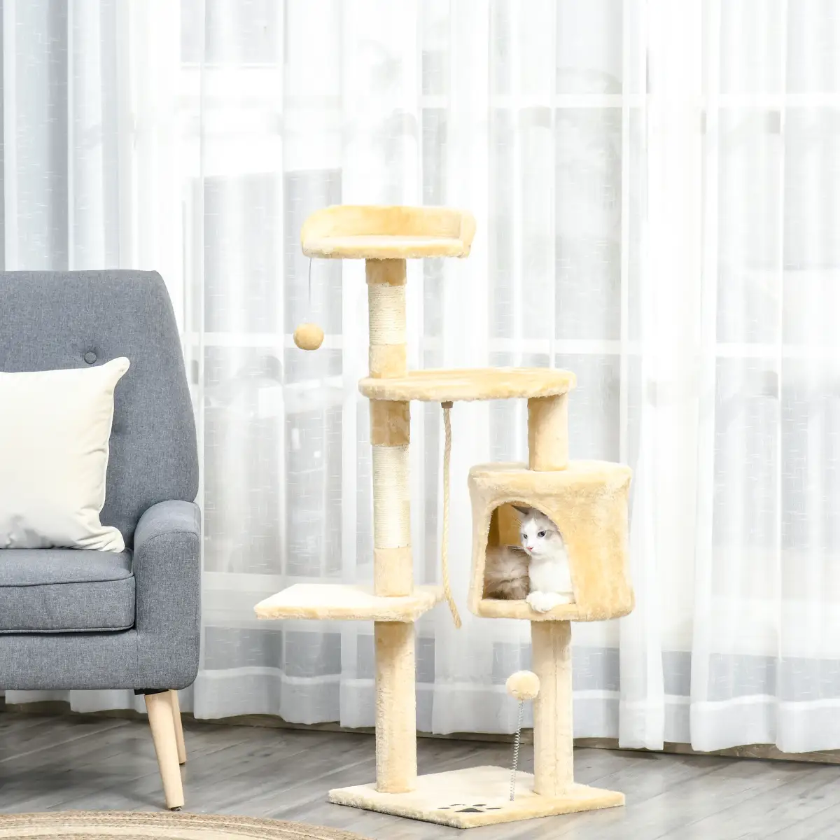 Cat Tree Activity Centre Scratching Post With Toys 4-tier Beige 114cm Pawhut - Cat Tree