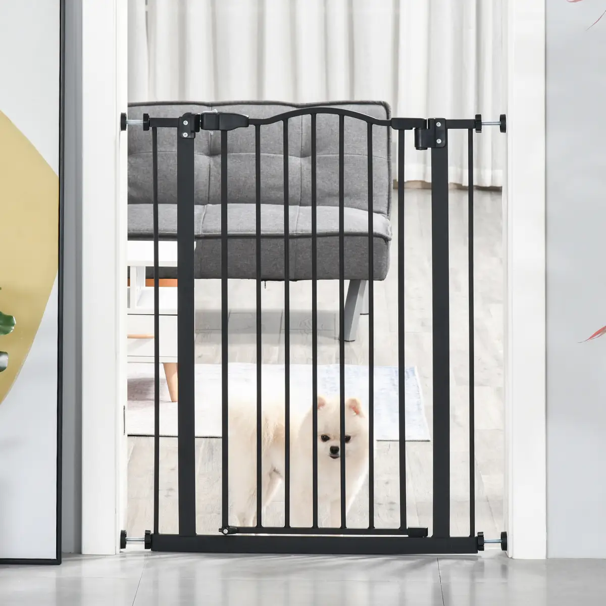 Pawhut 74-80cm Adjustable Metal Pet Gate Safety Barrier w/ Auto-Close Door Black - Pet Gate