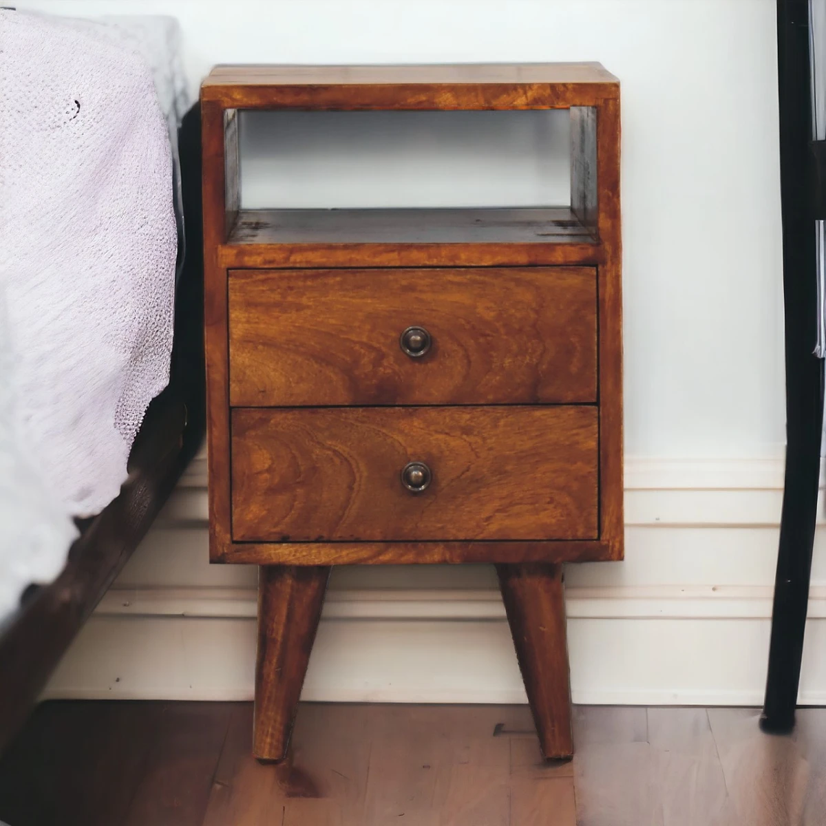 Artisan Furniture Artisan Furniture Bedside Nightstand Mini Solid Mango Wood Chestnut Finish With Brass Knobs For Bedroom - Bedside Table