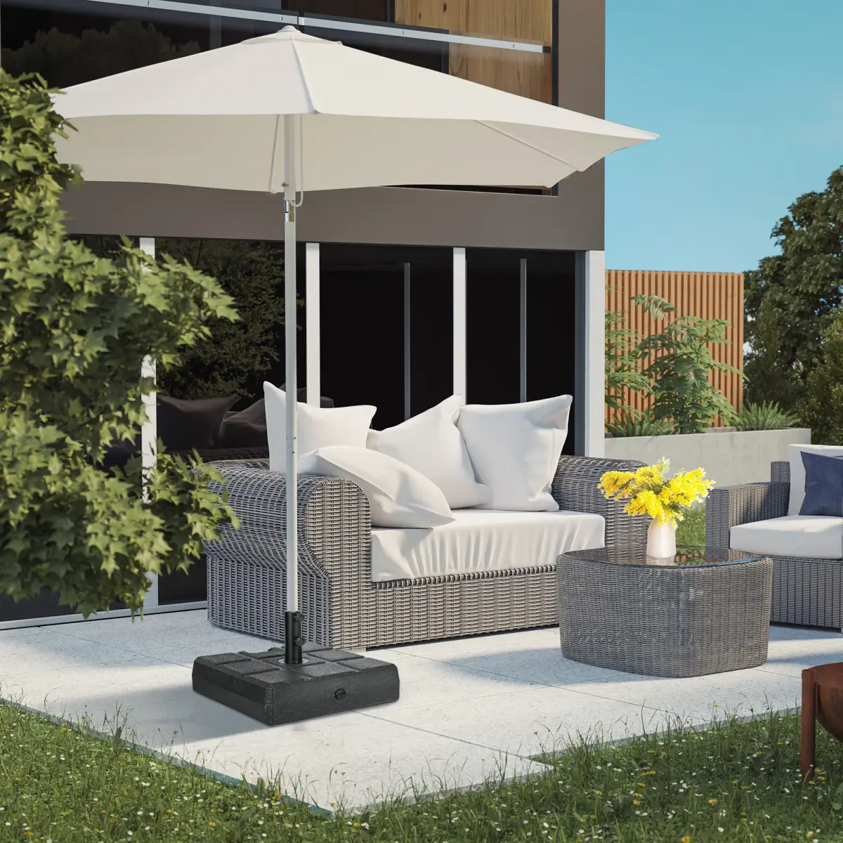 Outsunny Square Umbrella Parasol Base with Wood Effect, Plastic Parasol Stand, Black - Parasol