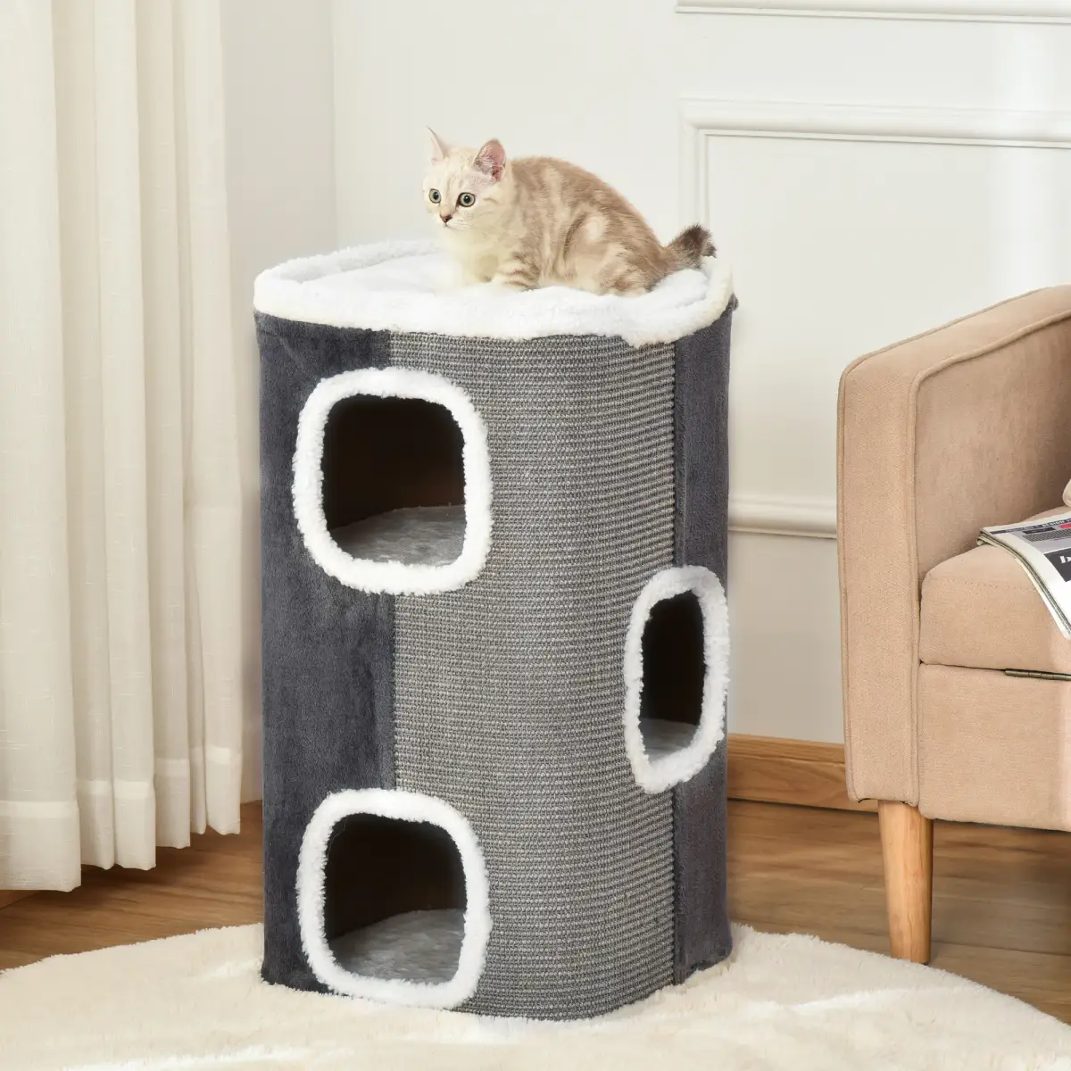PawHut Cat Barrel Kitten Tree Tower Sisal Scratching Furniture Climbing Frame - Scratching Posts
