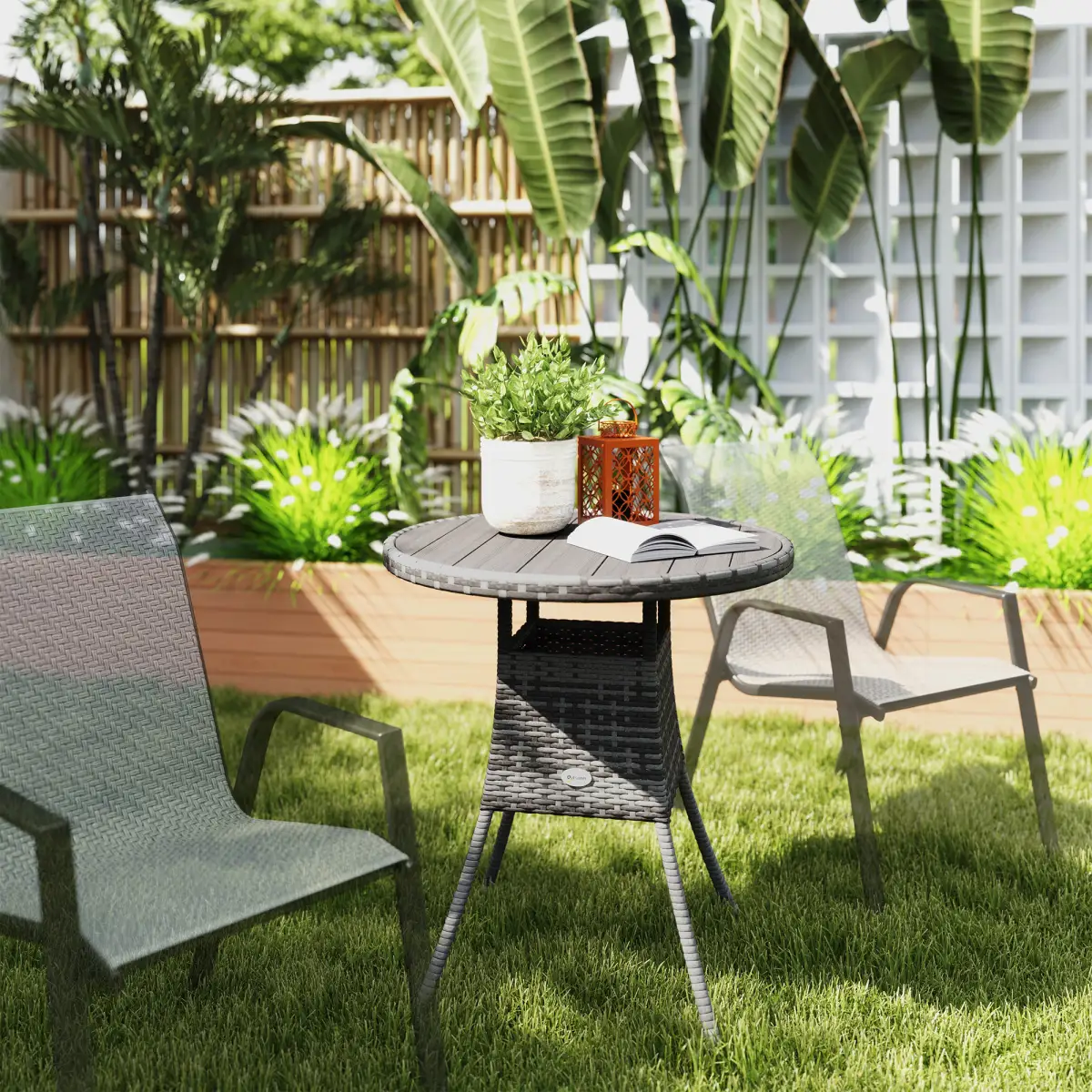 Outsunny Outsunny Outdoor PE Rattan Dining Table w/ Wood-plastic Composite Top, Grey - Garden Table