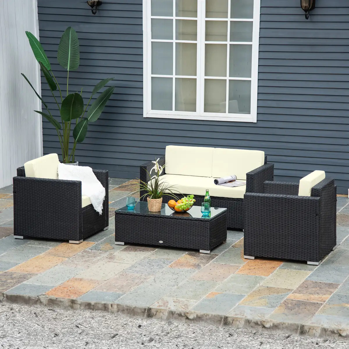 Outsunny 4 Pieces Rattan Sofa Set, Steel-Black - Garden Sofa Sets