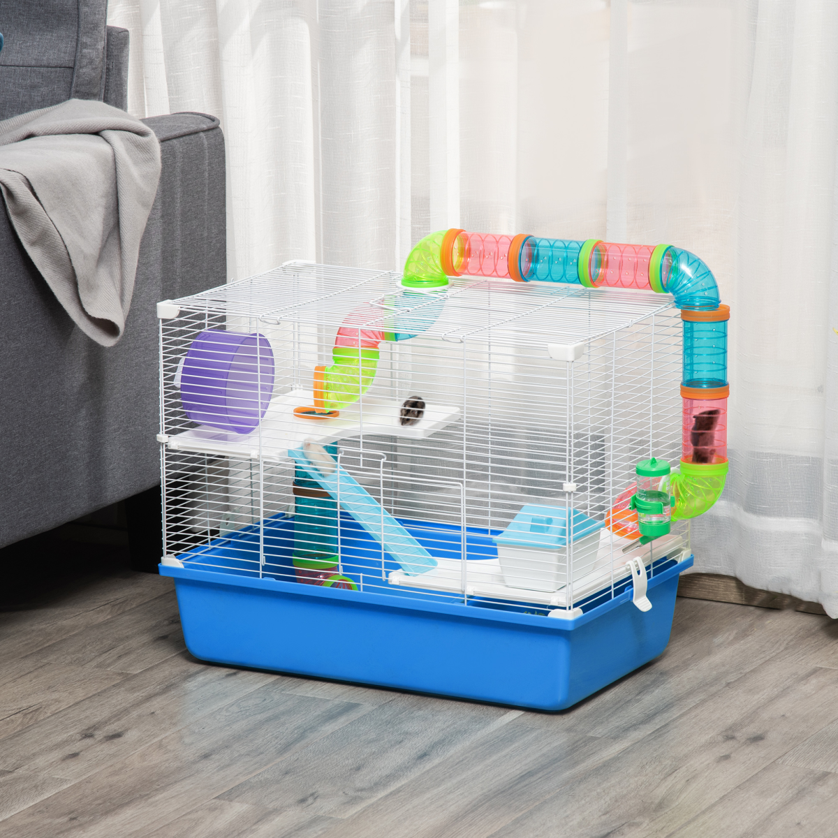 Hamster Cage Rodents House w/ Tubes Exercise Wheel, Water Bottle - Blue - from Pawhut