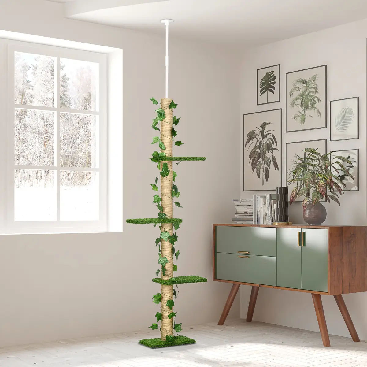 242cm Adjustable Floor-To-Ceiling Cat Tree w/ Anti-Slip Kit - Green - Cat Tree