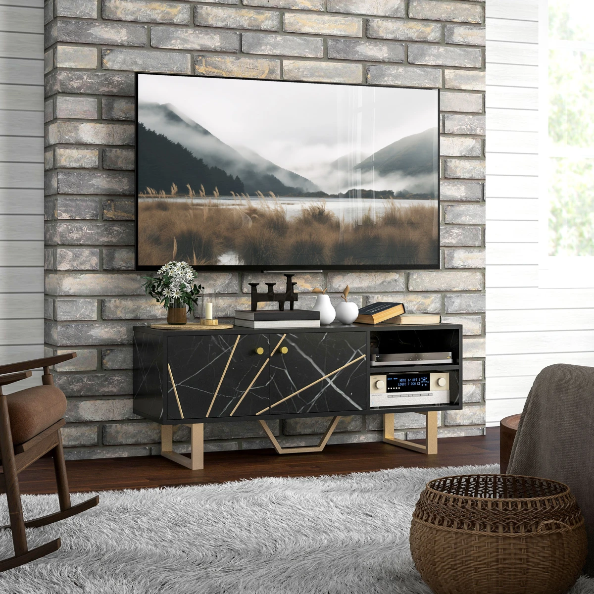 HOMCOM HOMCOM TV Unit Black Marble With Storage For Living Room - TV Unit