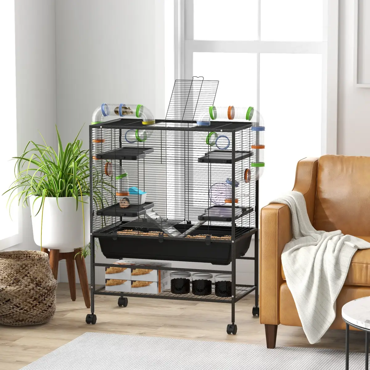 PawHut PawHut Large Hamster Cage, Rat Cage with Wheels, Tubes, Storage Shelf, Ramps - Pet Cage