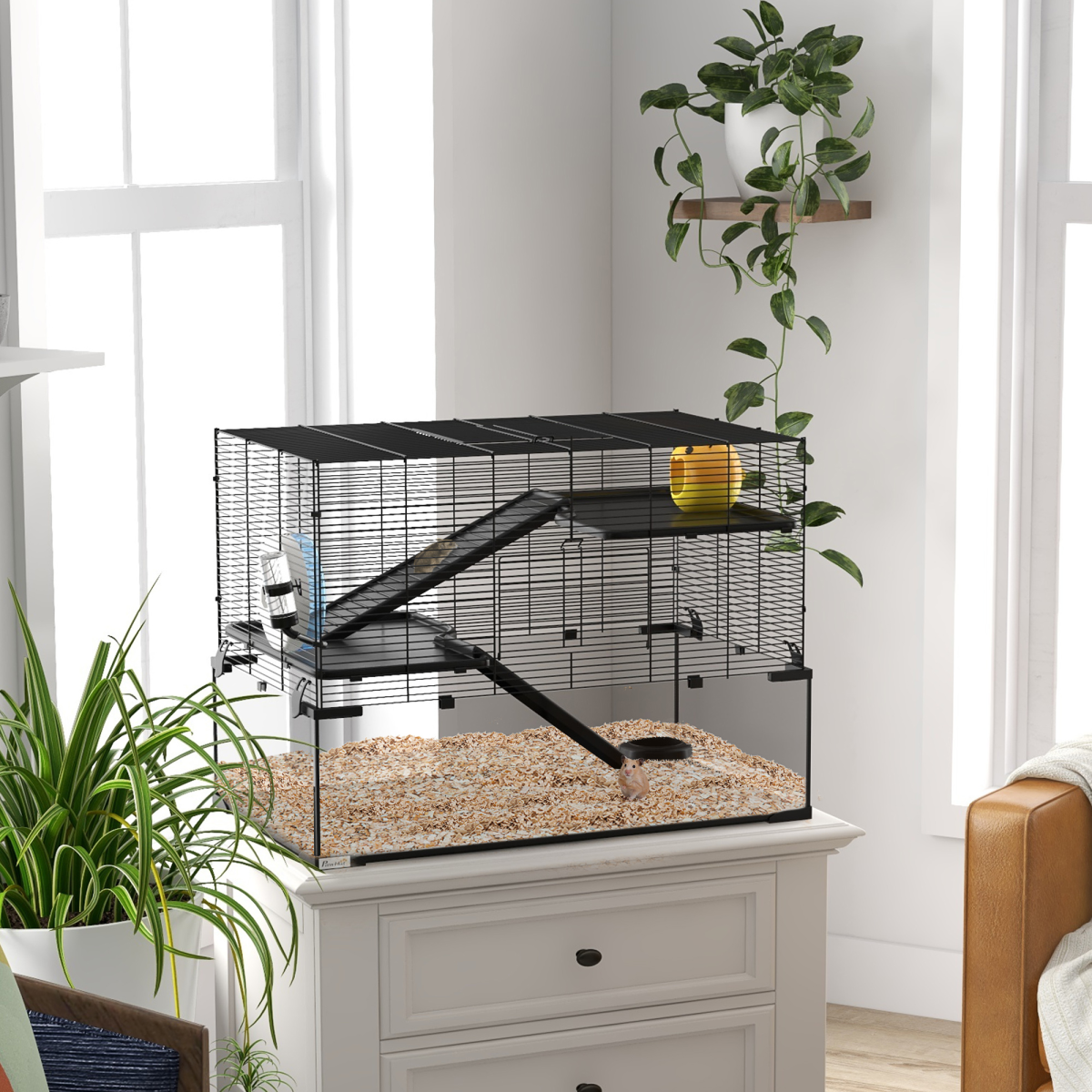 3 Tiers Hamster Cage w/ Deep Glass Bottom, Dish, Hut, 78.5 x 48.5 x 57cm - from PawHut