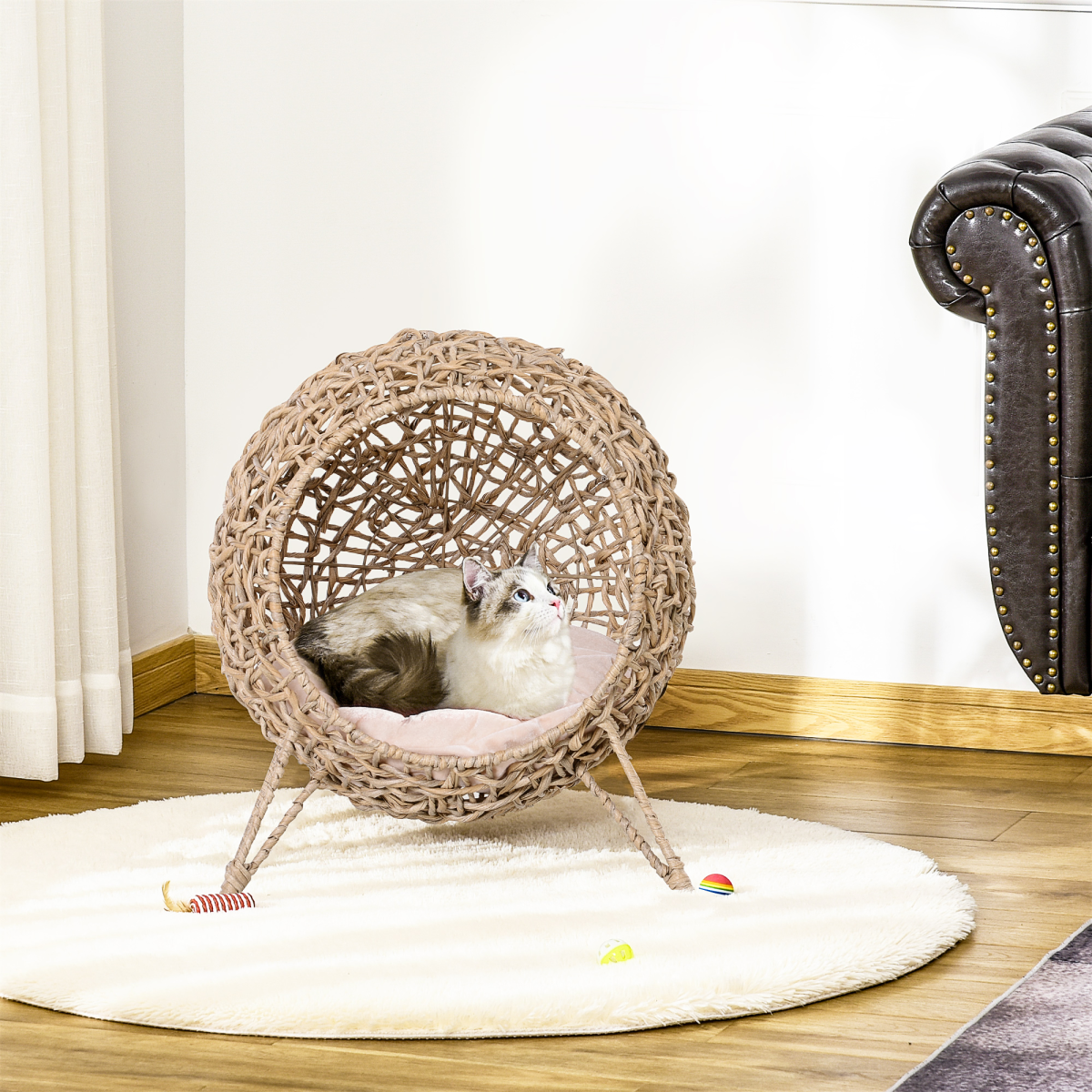 Rattan Elevated Cat House Kitten Bed Pet Furniture w/ Cushion Natural - from PawHut