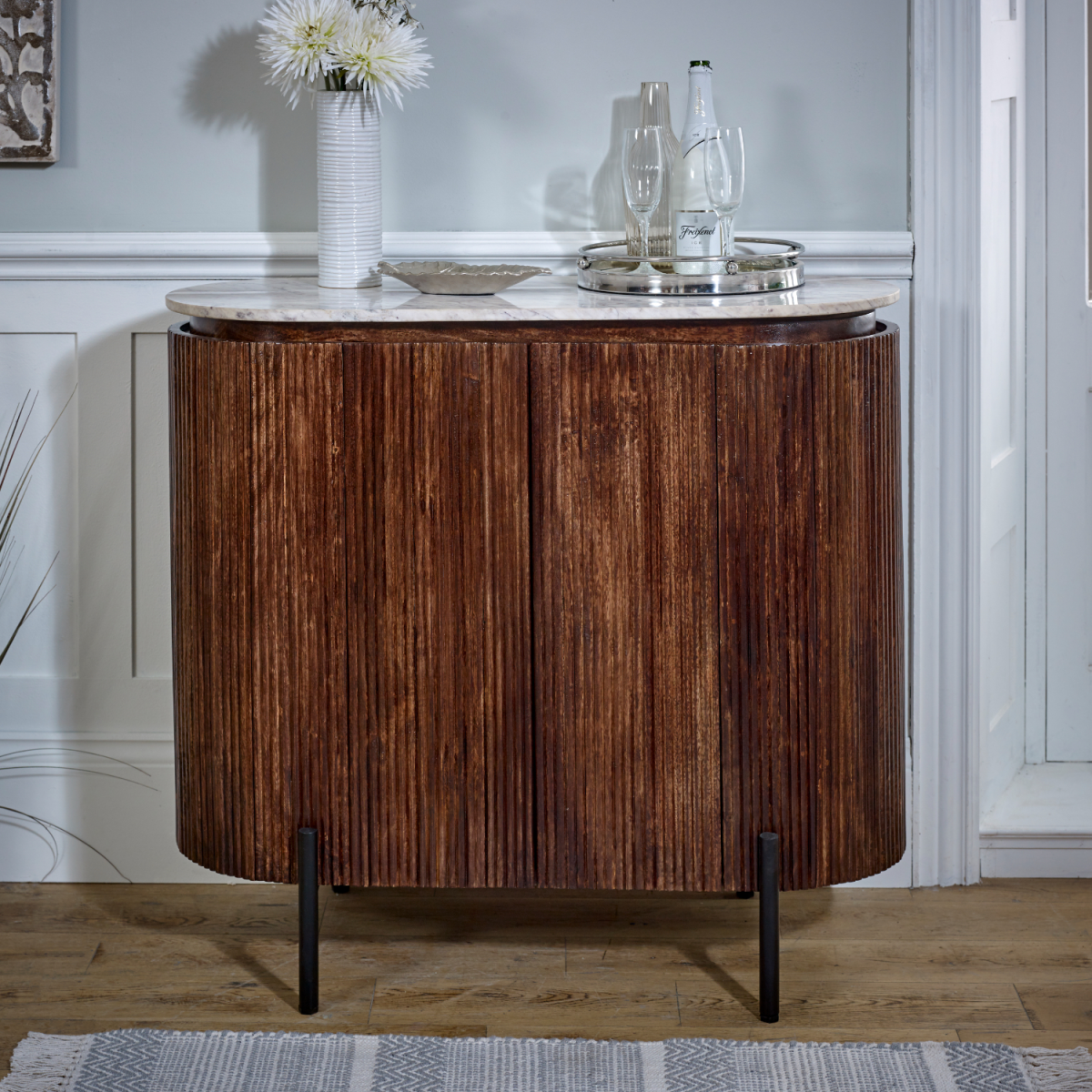 Opal Solid Wood Sideboard/Drinks Cabinet With Marble Top & Metal Legs - from Indian Hub