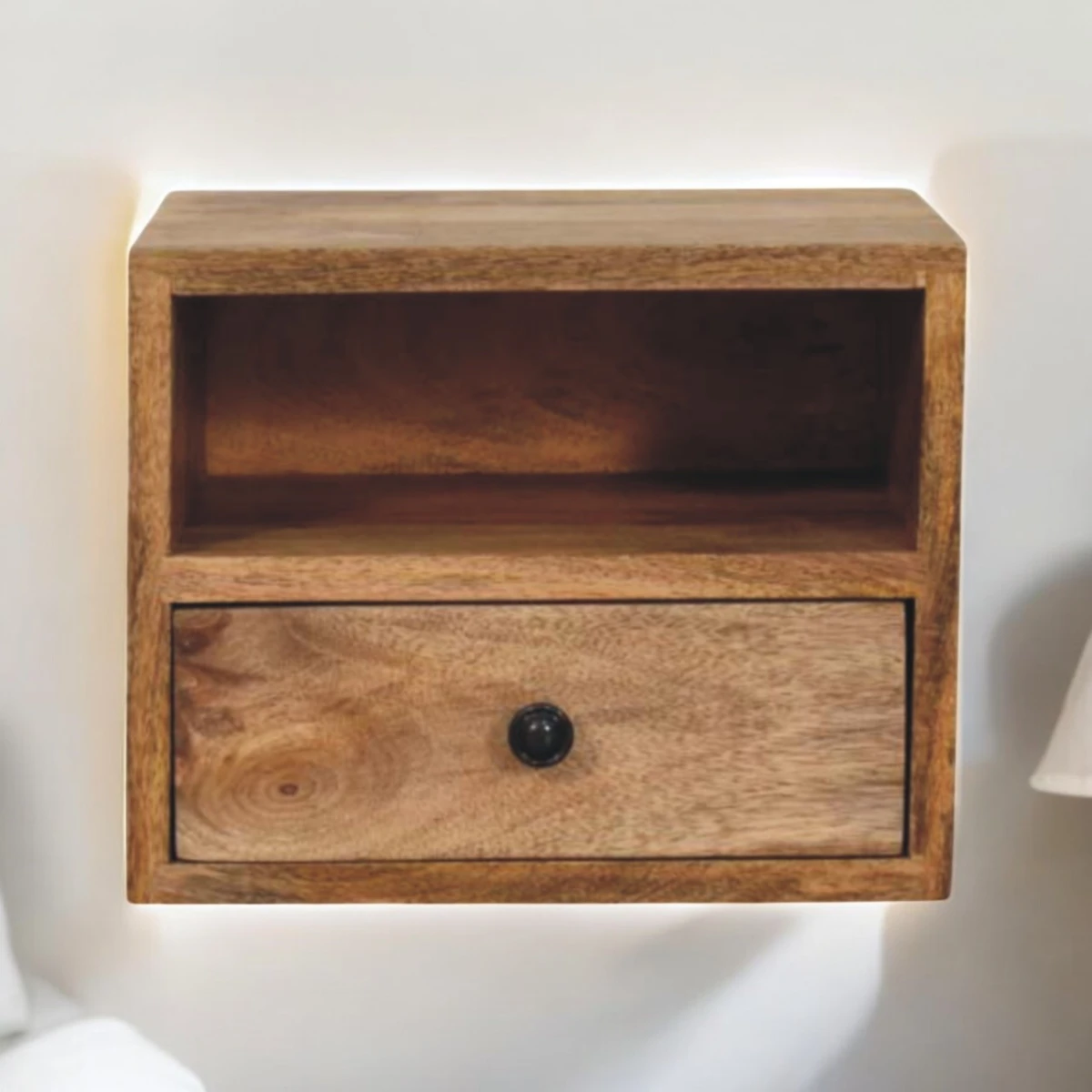 Artisan Furniture Artisan Nightstand Wall Mounted One Drawer Oak Mango Wood Open Shelf For Modern Bedrooms - Bedside Table