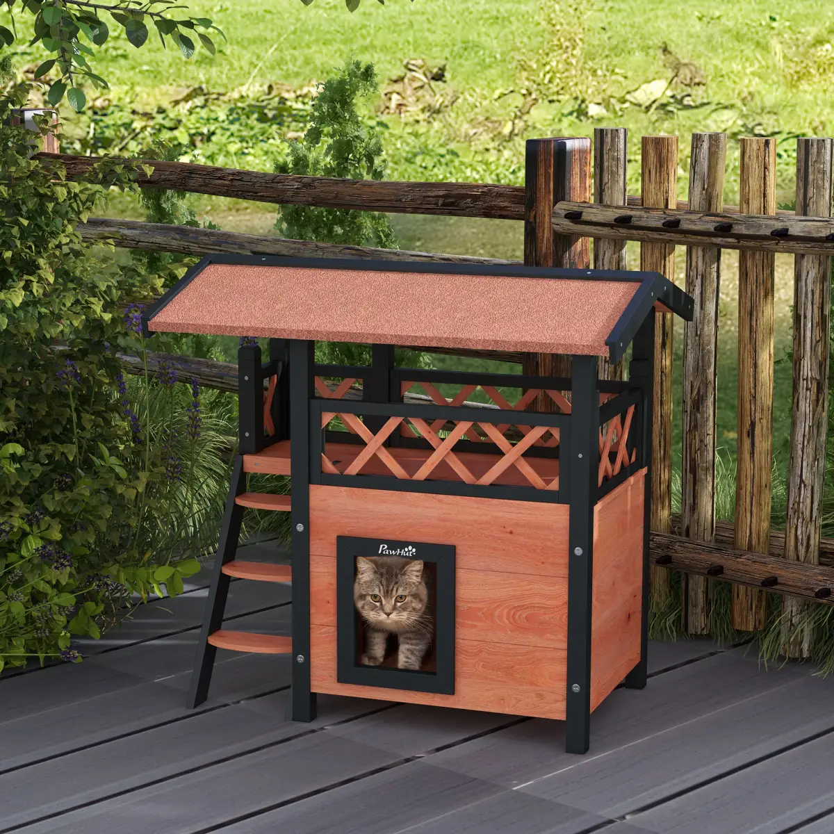 PawHut PawHut Outdoor Cat House with Balcony Stairs Roof, Brown - Cat House