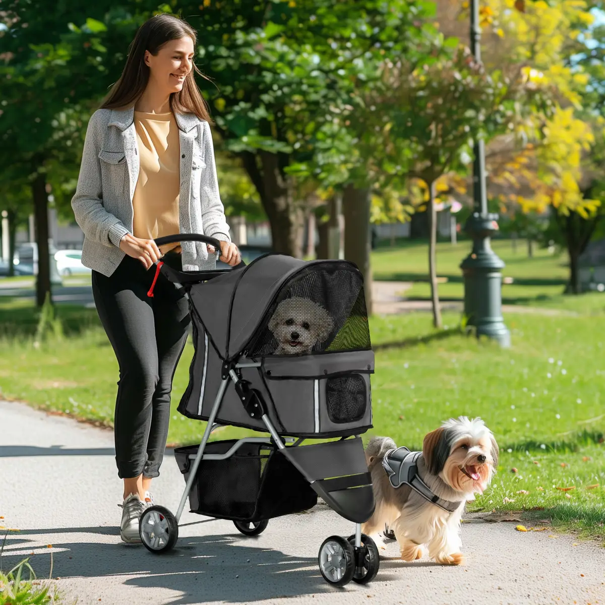 PawHut PawHut Pet Stroller Pushchair Carrier for Cat Puppy with 3 Wheels Dark Grey - Pet Carrier