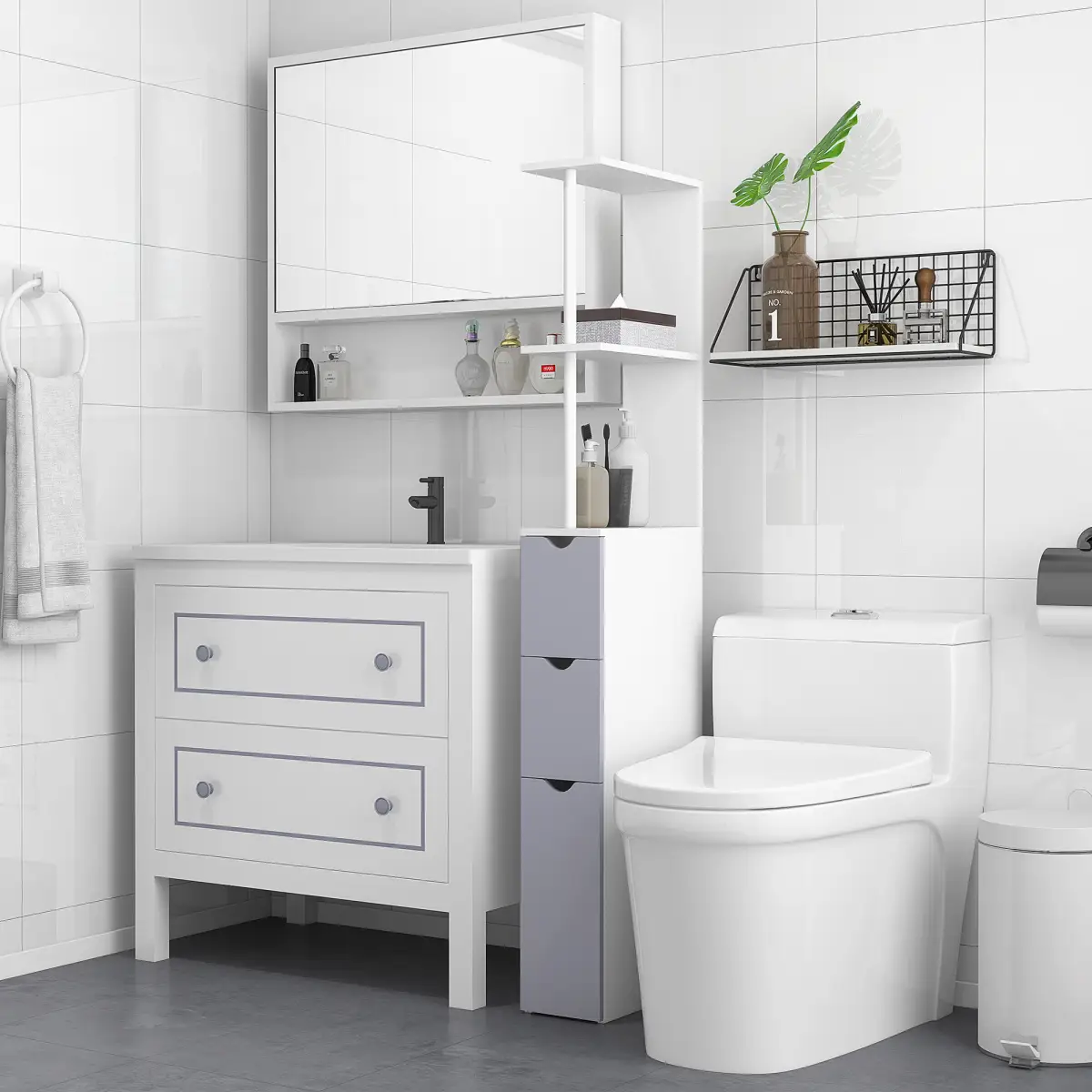 Unbranded HOMCOM Bathroom Storage Cupboard Thin Cabinet Unit Shelf White w/ Drawers - Display Cabinet