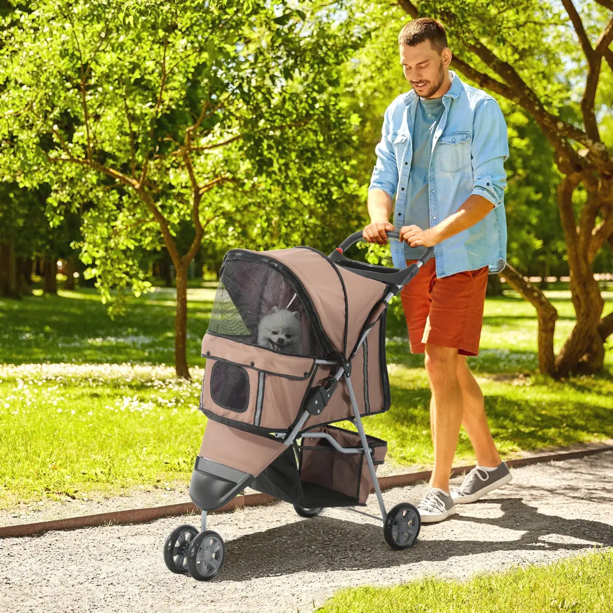 Unbranded Pet Stroller Pushchair Carrier for Cat Puppy with 3 Wheels Brown Pawhut - Pet Carrier