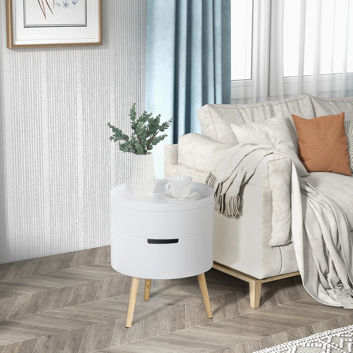 HOMCOM Premium White Circular Side Table Dia 16In Height 20In Removable Top Tray Dual Storage Nightstand And Coffee Table - Coffee Table
