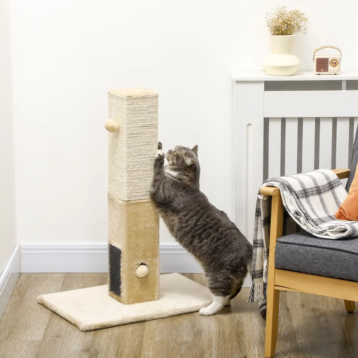 PawHut PawHut Cat Scratching Post Scratcher Climber w/ Carpet Base Hanging Toy - Beige - Cat Tree