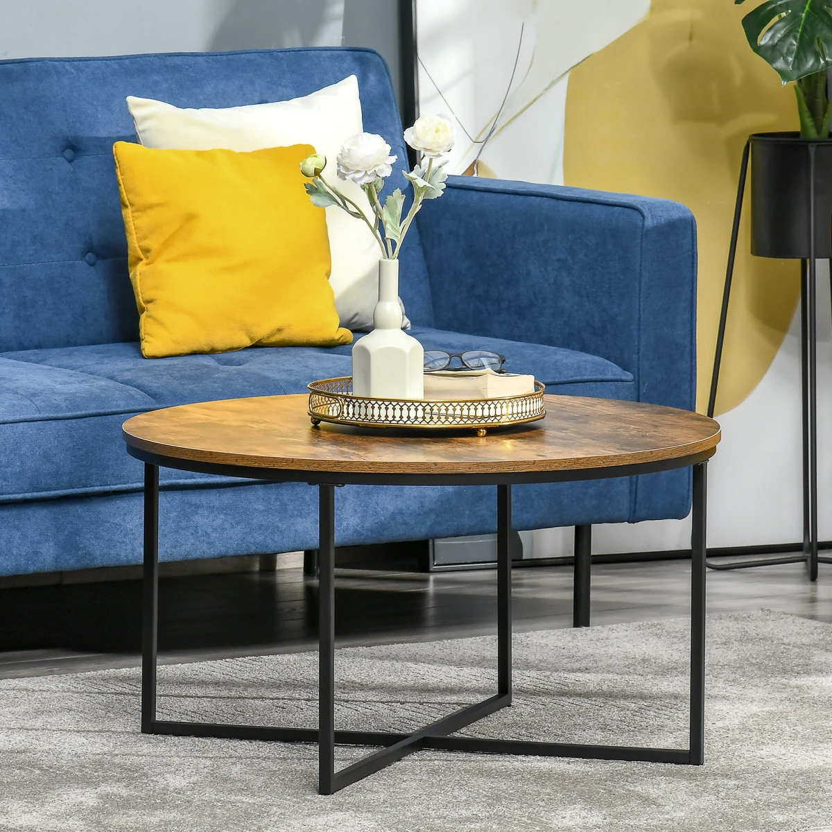 HOMCOM Industrial Round Side Table with Metal Frame, Large Tabletop, Rustic Brown - Dining Table