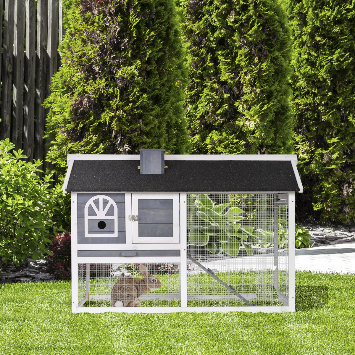Rabbit Hutch Wood Bunny Cage for Outdoor Indoor w/ Pull Out Tray Run Box Ramp - from Pawhut