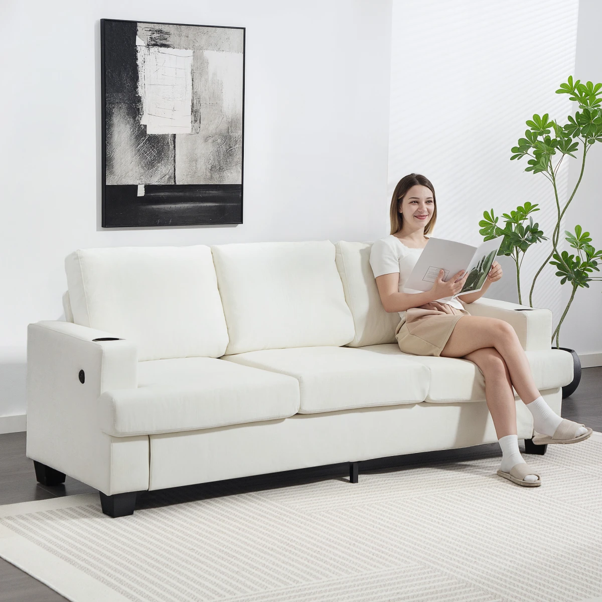Homcom 3 Seater Sofa USB Ports Cup Holders For Home by HOMCOM