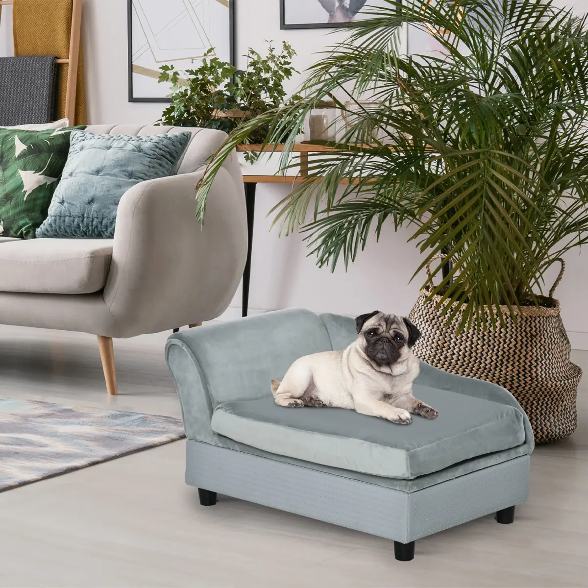 PawHut PawHut Pet Sofa Dog Chair Cat Couch w/ Storage, Cushion - Light Blue - Dog Beds