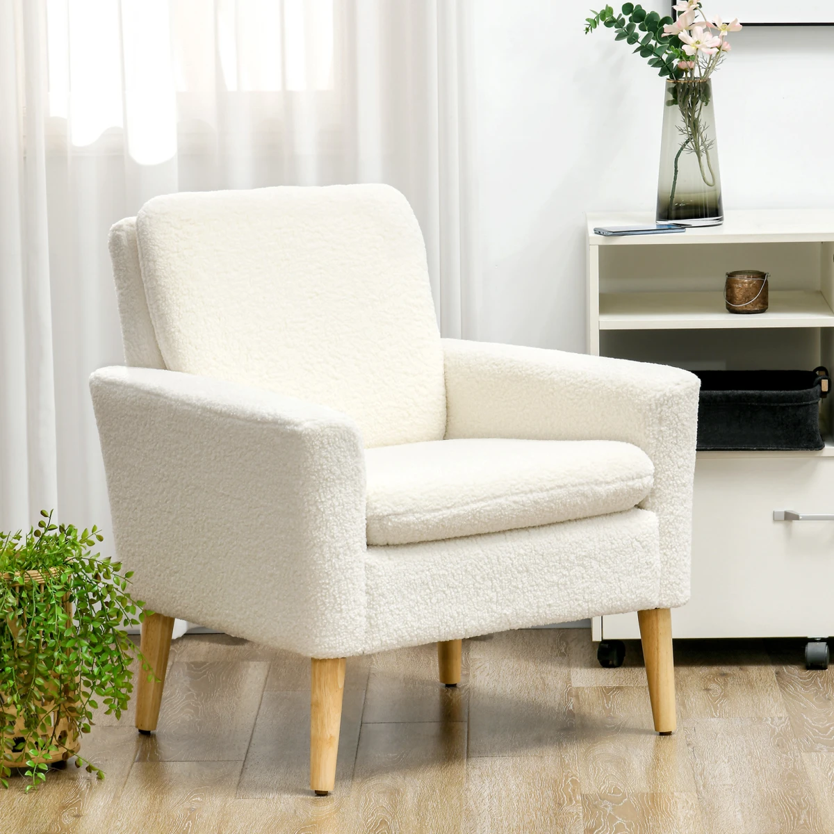 HOMCOM Teddy Armchair Cream Wide Seat With Wood Legs Home by HOMCOM