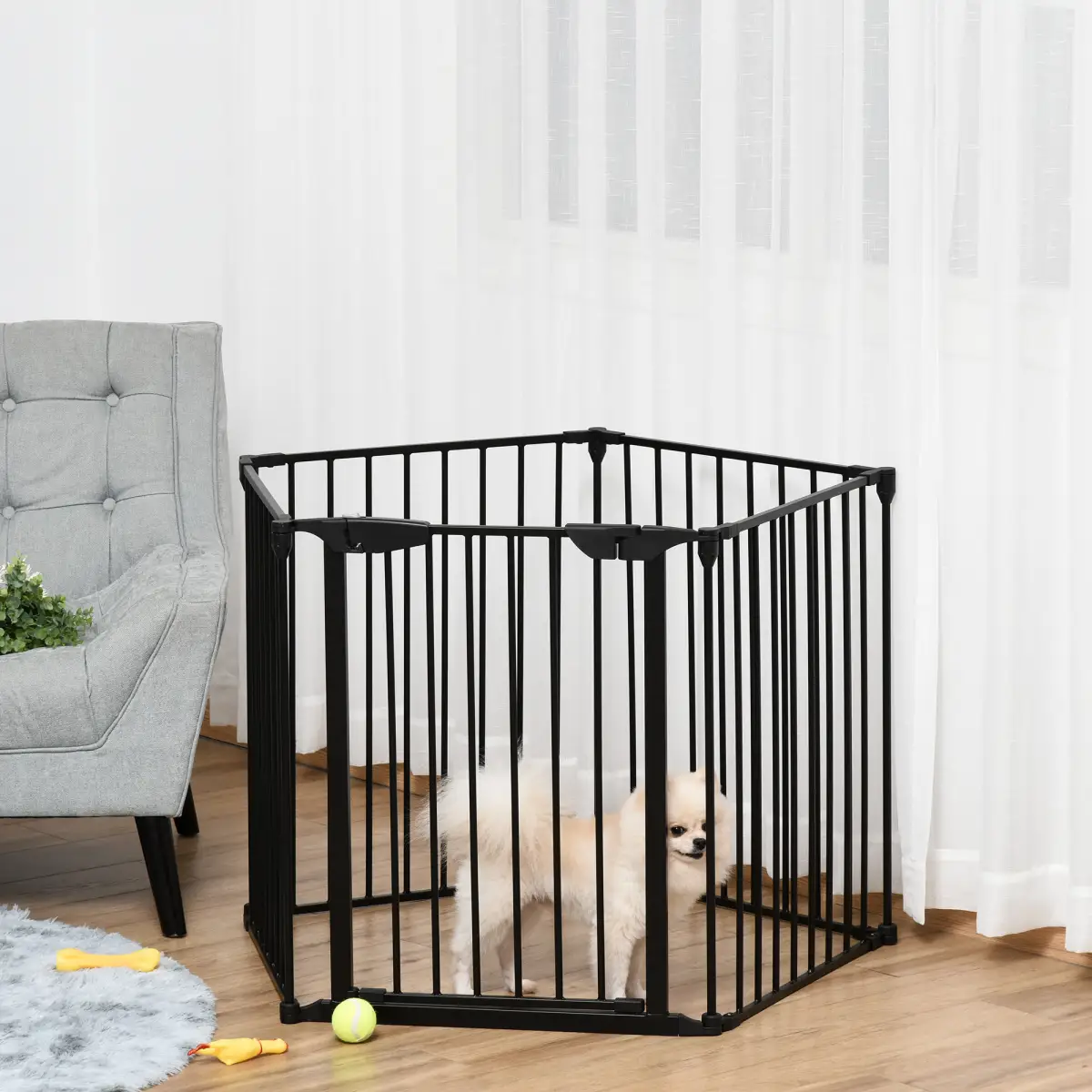 Pawhut Pet Gate 5-Panel Dog Playpen for Indoor Stair Barrier W/ Walk Through Door Black - Pet Gate