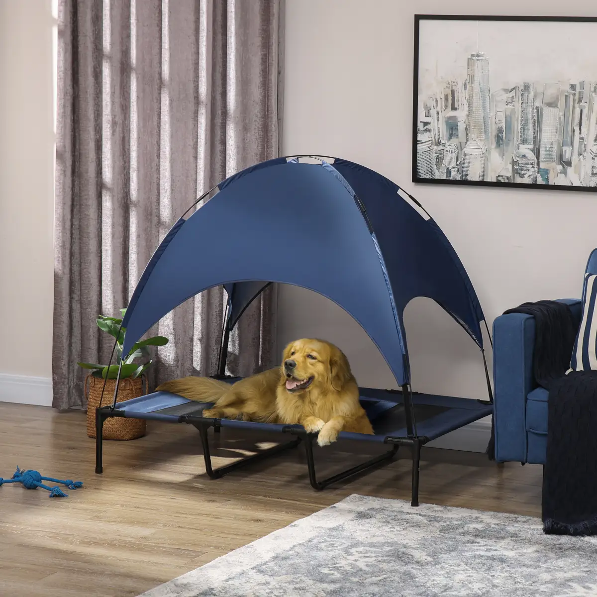 PawHut PawHut 122cm Elevated Dog Bed Cooling Raised Pet Cot UV Protection Canopy Blue - Dog Beds