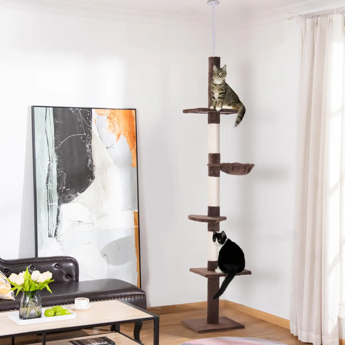 PawHut Floor to Ceiling Cat Tree for Indoor Cats 5-Tier Kitty Tower Brown - Cat Tree