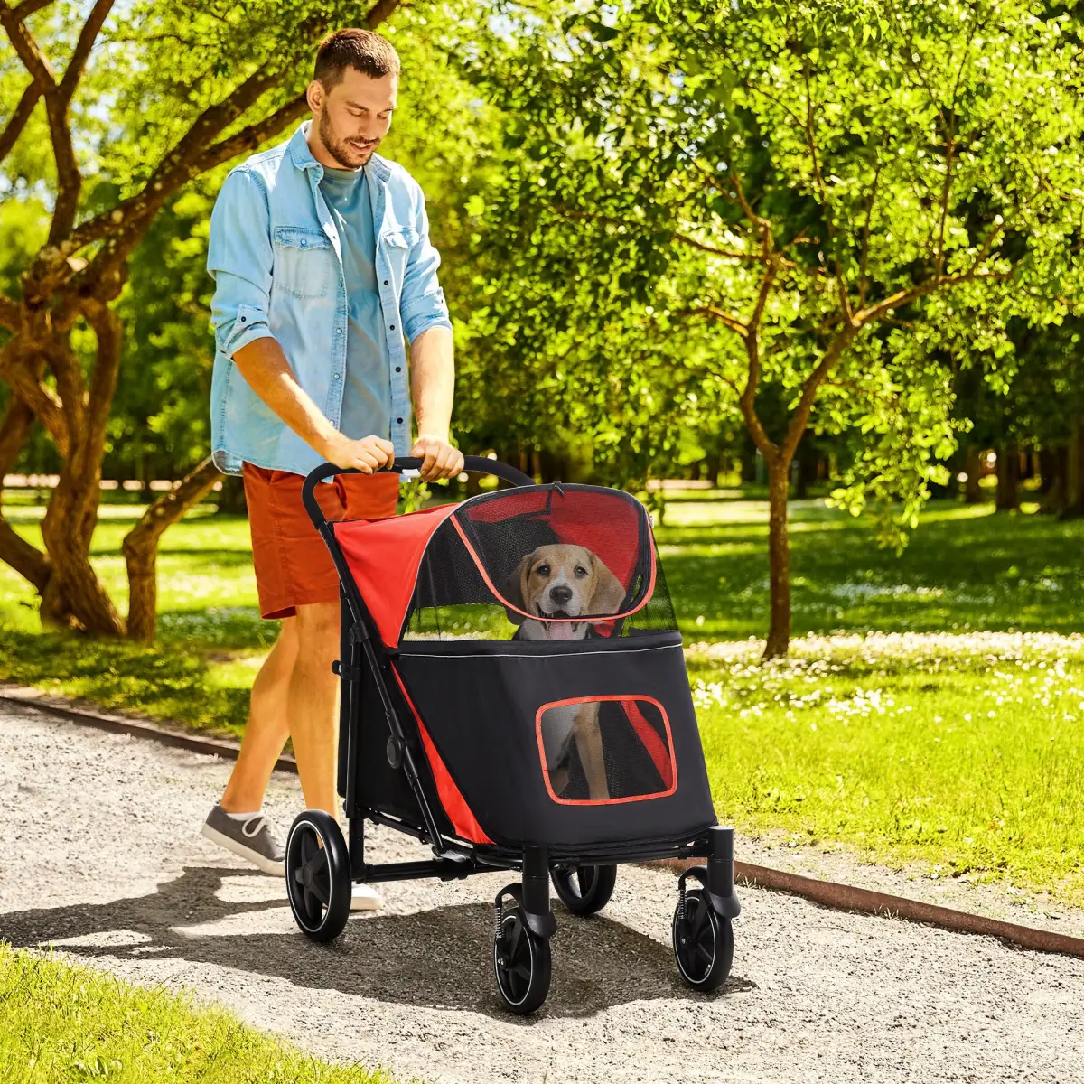 PawHut PawHut Foldable Dog Carriage w/ Universal Wheels, Shock Absorber - Red - Pet Carrier