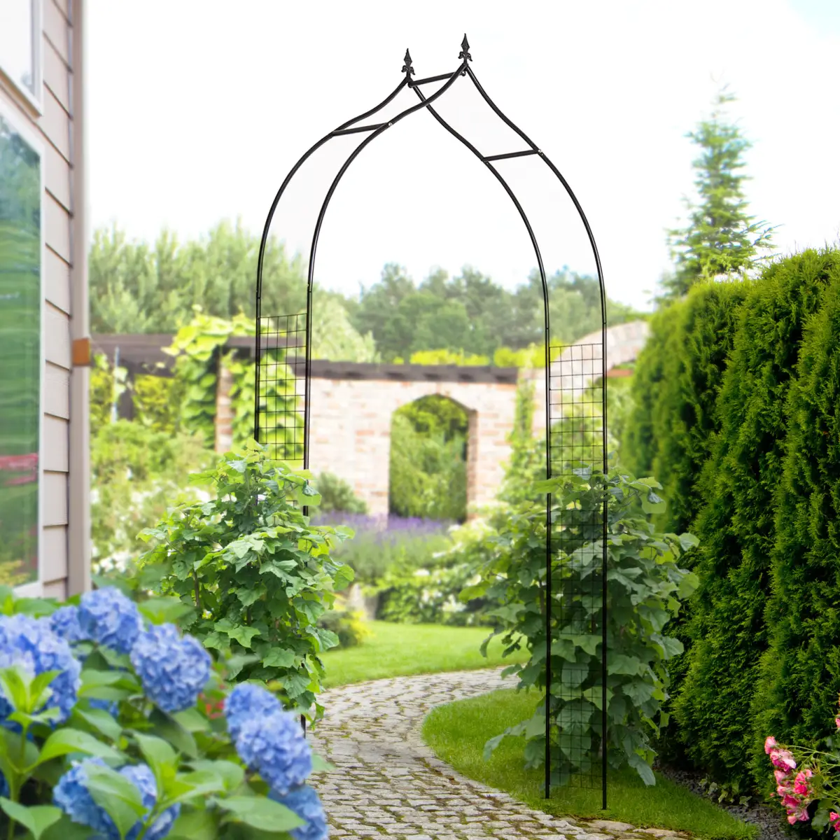 Outsunny Steel Frame Backyard Pergola for Plants & Trellis Garden Arch Black - Gazebos