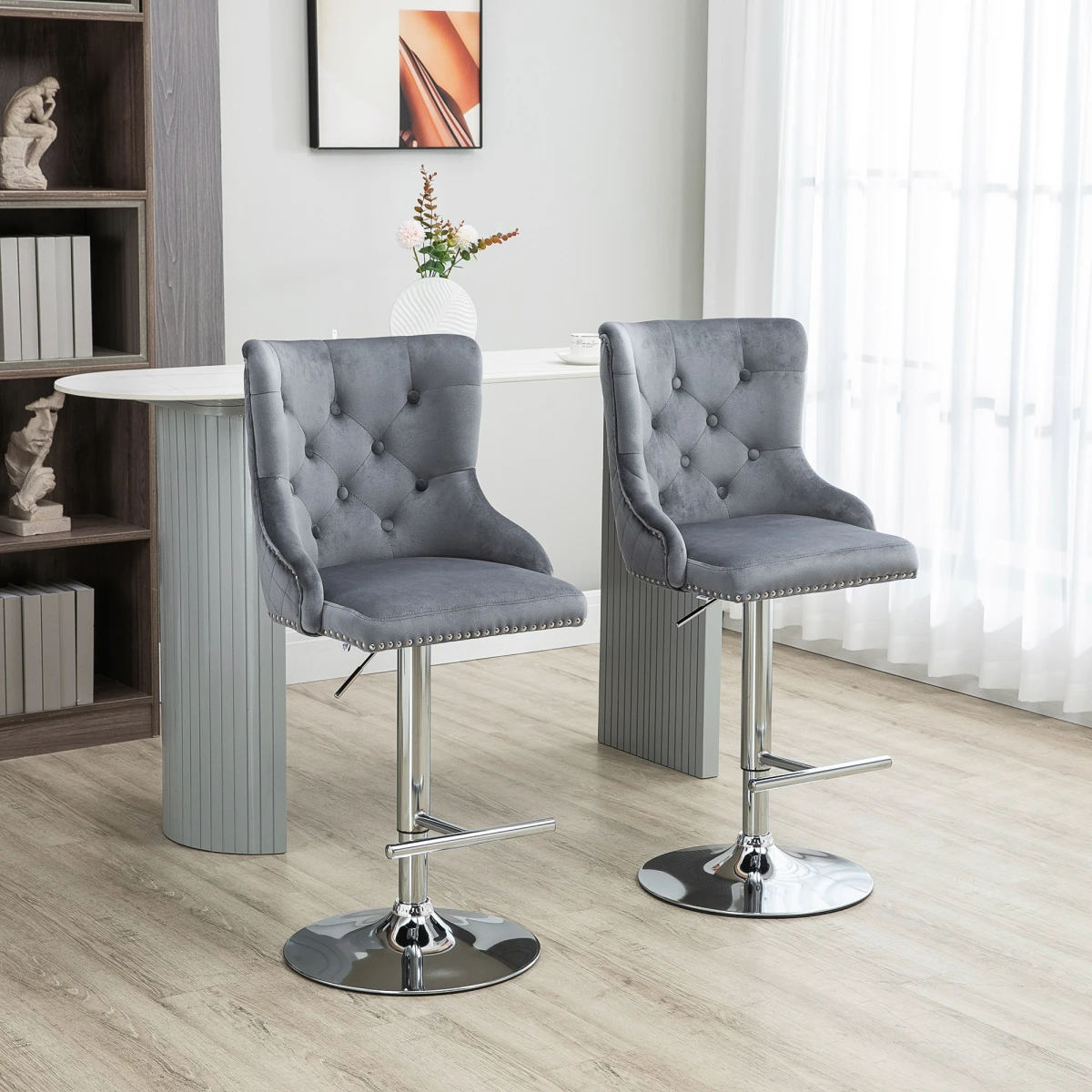 HOMCOM Adjustable Bar Stools Set of 2, Swivel Bar Chairs w/ Back Footrest, Grey by HOMCOM