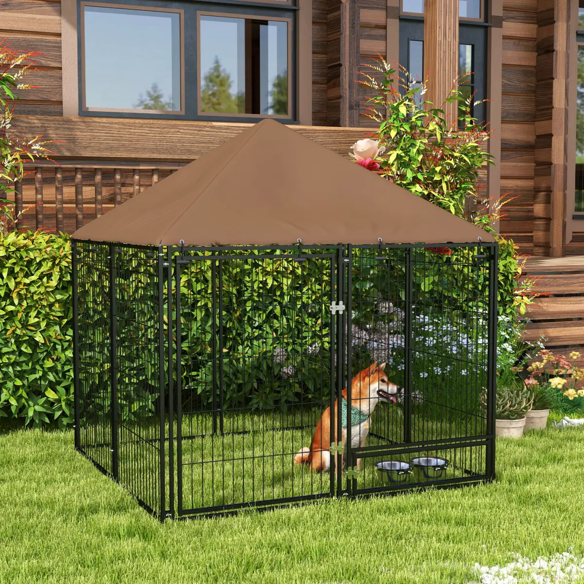 PawHut Outdoor Dog House Kennel with Canopy Top & Secure Lock Rotating Bowl Holder - Dog Kennel