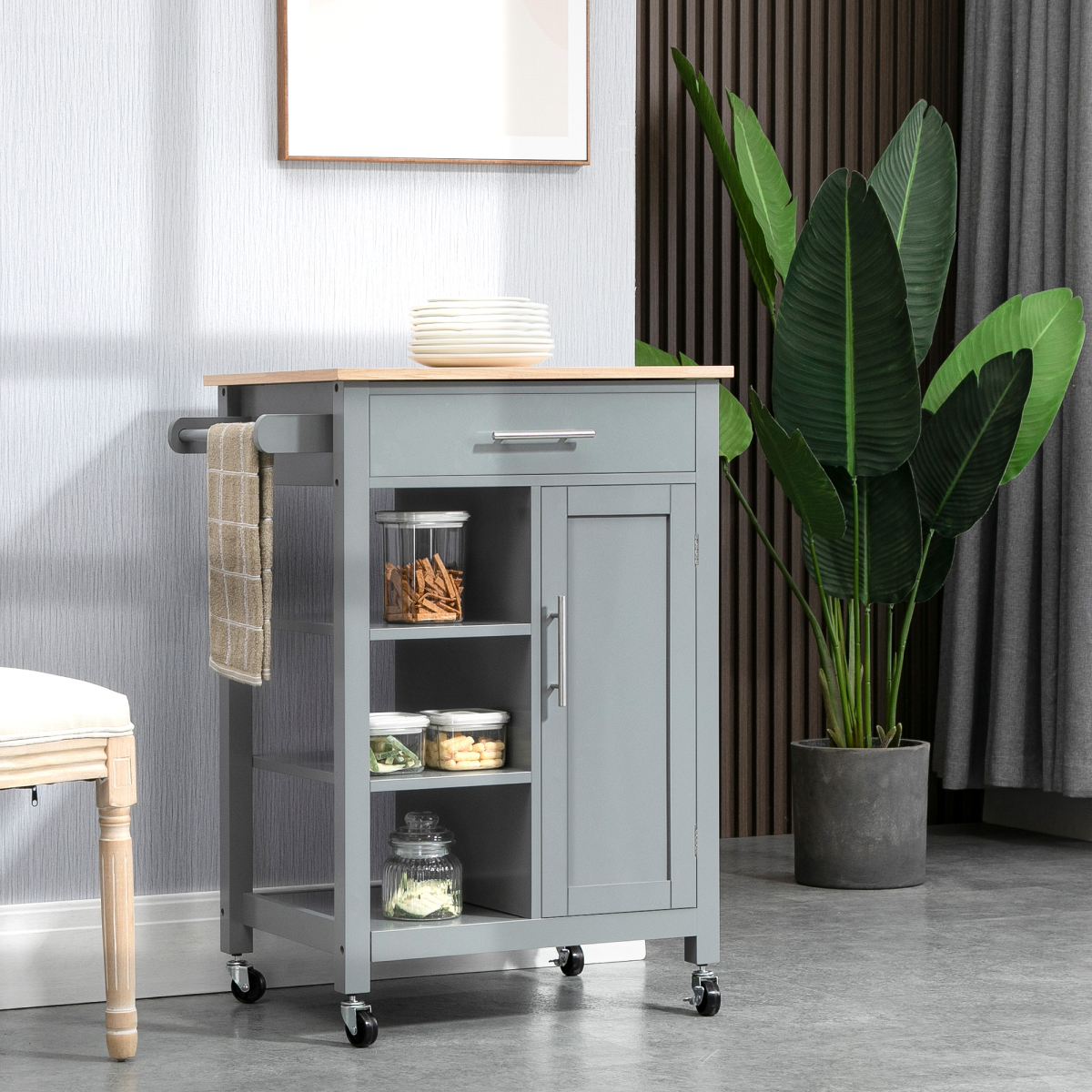 Kitchen Trolley Utility Cart on Wheels with Open Shelf & Storage Drawer Grey - from HOMCOM