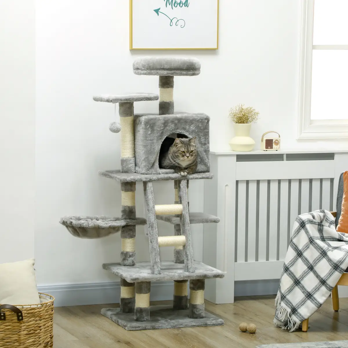 PawHut PawHut 132cm Multi-Activity Cat Tree w/ House Baskets Ladder Scratch Post Grey - Cat Tree