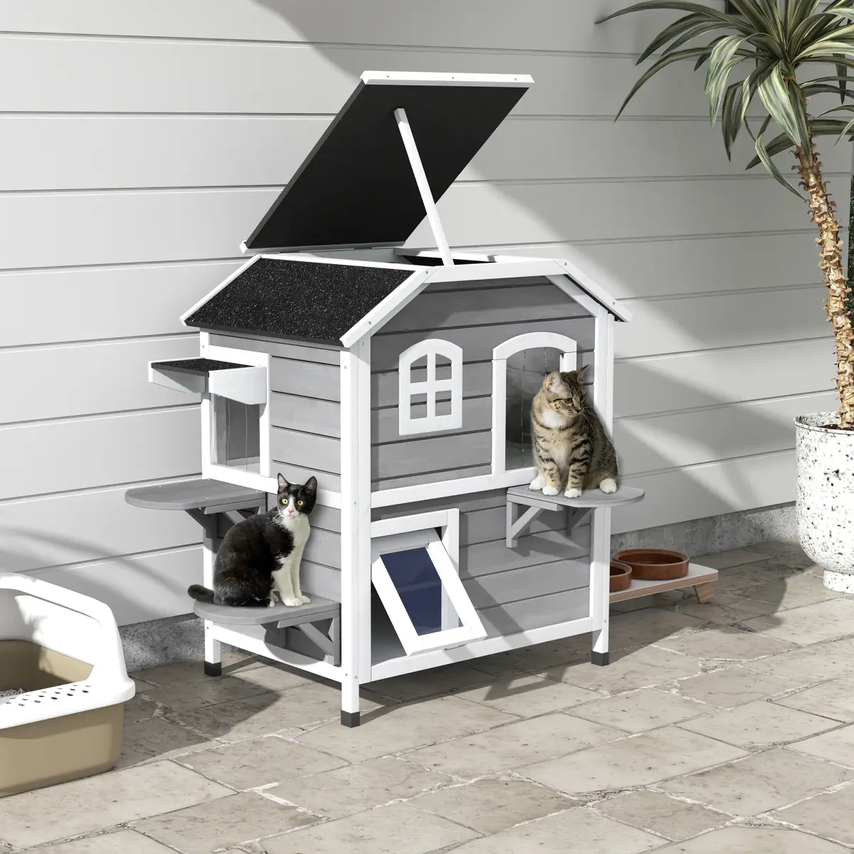 PawHut Cat Condo w/ Tons of Room & Openable Roof, Fir Wood, Outdoor/Indoor Catio Grey - Cat House