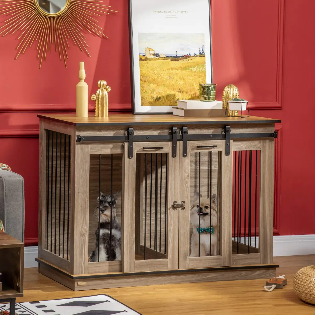 PawHut PawHut Dog Crate for Large Dogs, Double Dog Cage for Small Dog, Oak Tone - Dog Crate