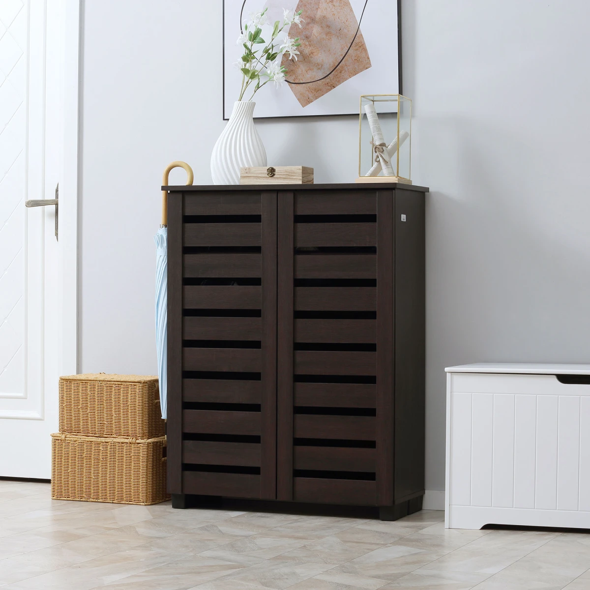 HOMCOM HOMCOM Shoe Storage Cabinet with Slatted Doors for 15 Pairs of Shoes Brown -