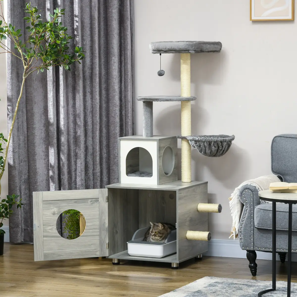 PawHut PawHut Cat Litter Box Enclosure, with Cat House, Bed, Scratching Posts, Platform - Cat Tree