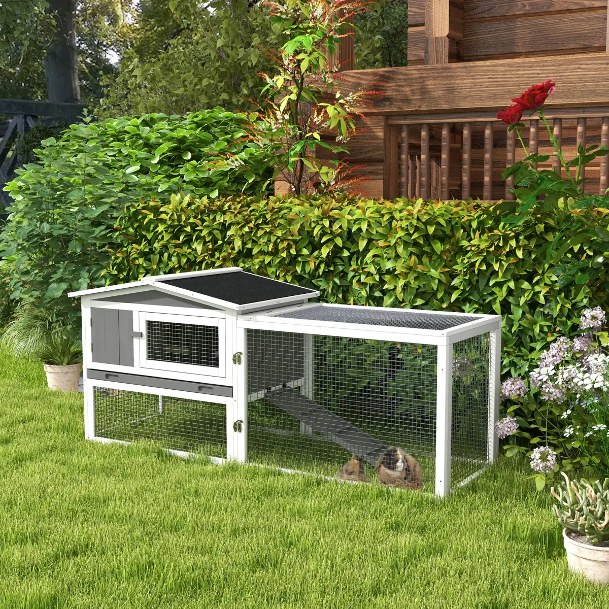 PawHut PawHut Rabbit Hutch and Run Outdoor w/ Sliding Tray Hay Rack Ramp, 156x58x68cm - Rabbit Hutch
