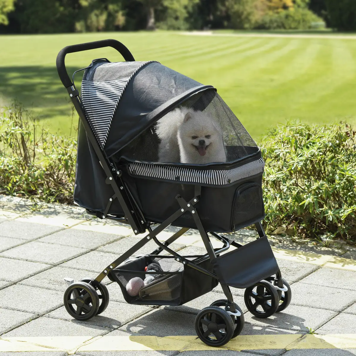 PawHut Pet Stroller Dog Foldable Travel Carriage with Reversible Handle, Black - Pet Carrier