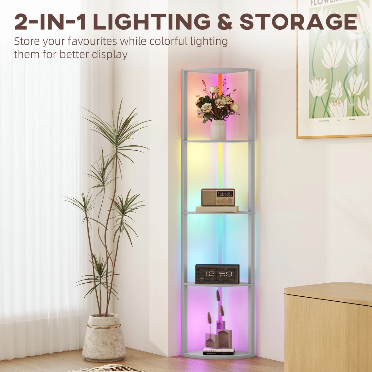 Premium Floor Lamp Tall Narrow With RGB Lighting Remote Control Five Tier Shelves For Small Spaces by N/A