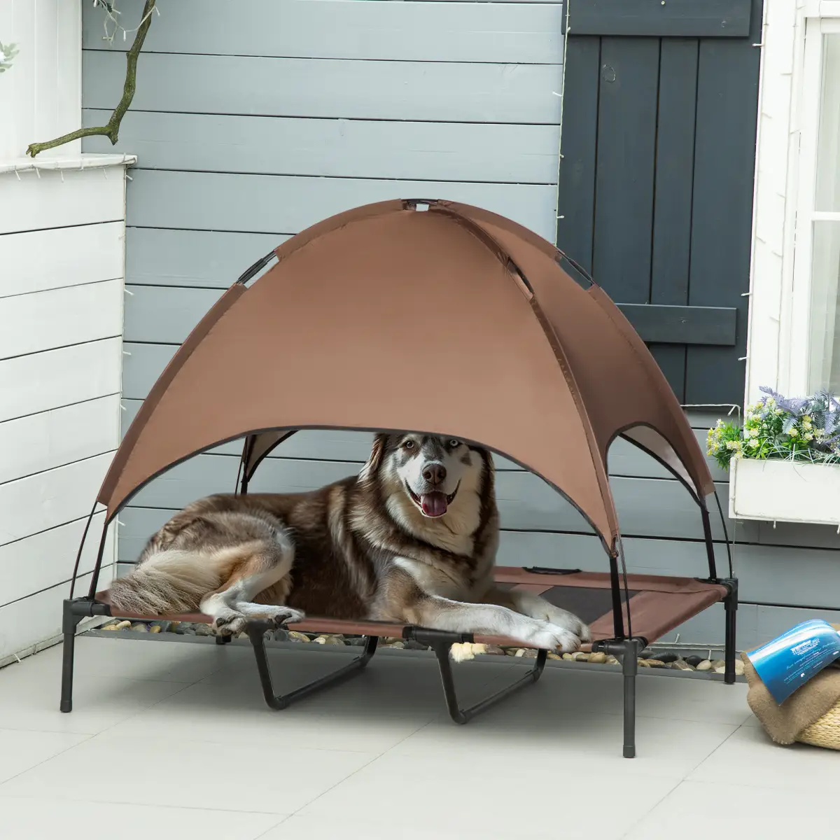 PawHut 122 cm Elevated Pet Bed Dog Cot Tent with Canopy Instant Shelter Outdoor Coffee - Dog Beds