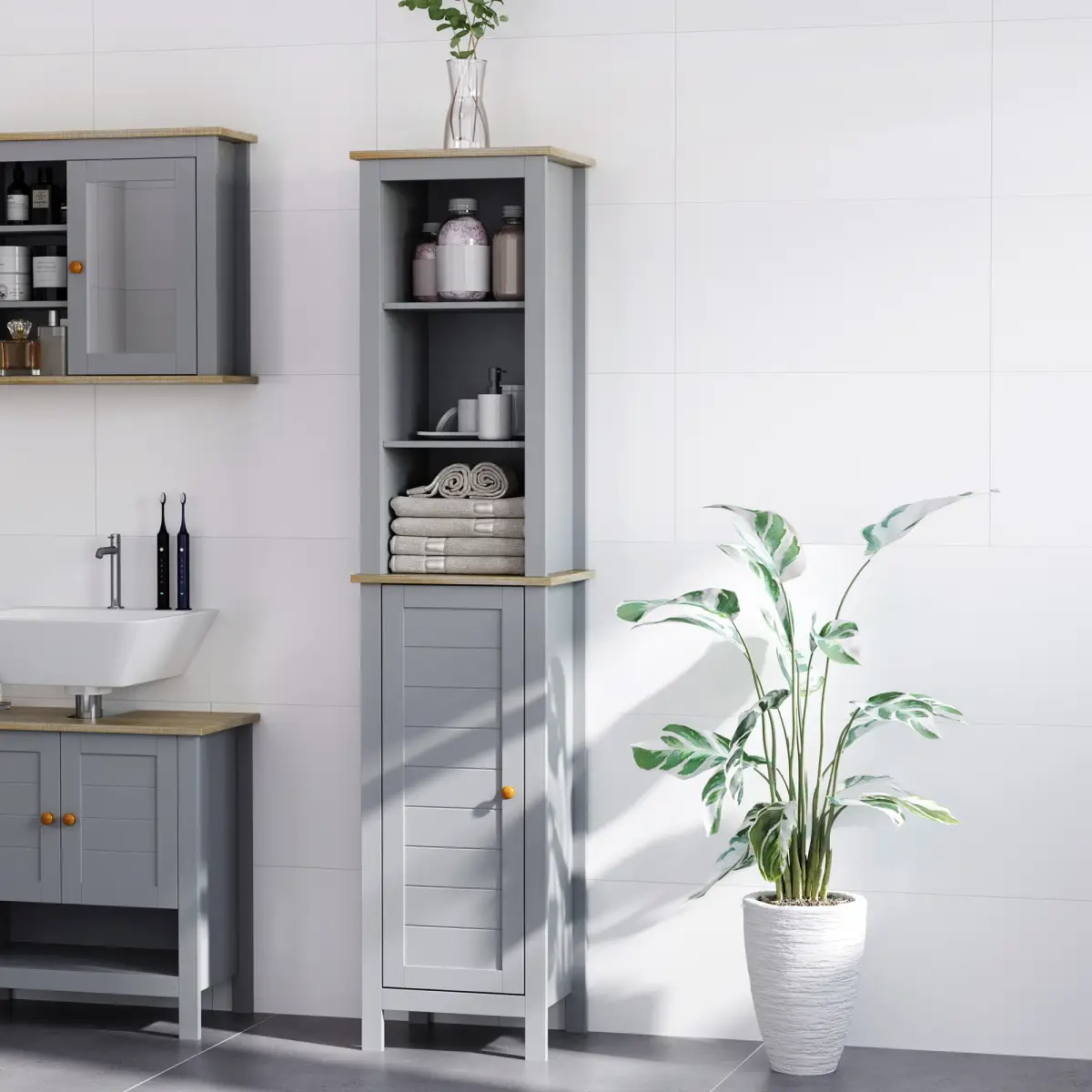 Unbranded kleankin Bathroom Floor Tall Cabinet Storage Unit w/ Cupboard Adjustable Shelf - Display Cabinet