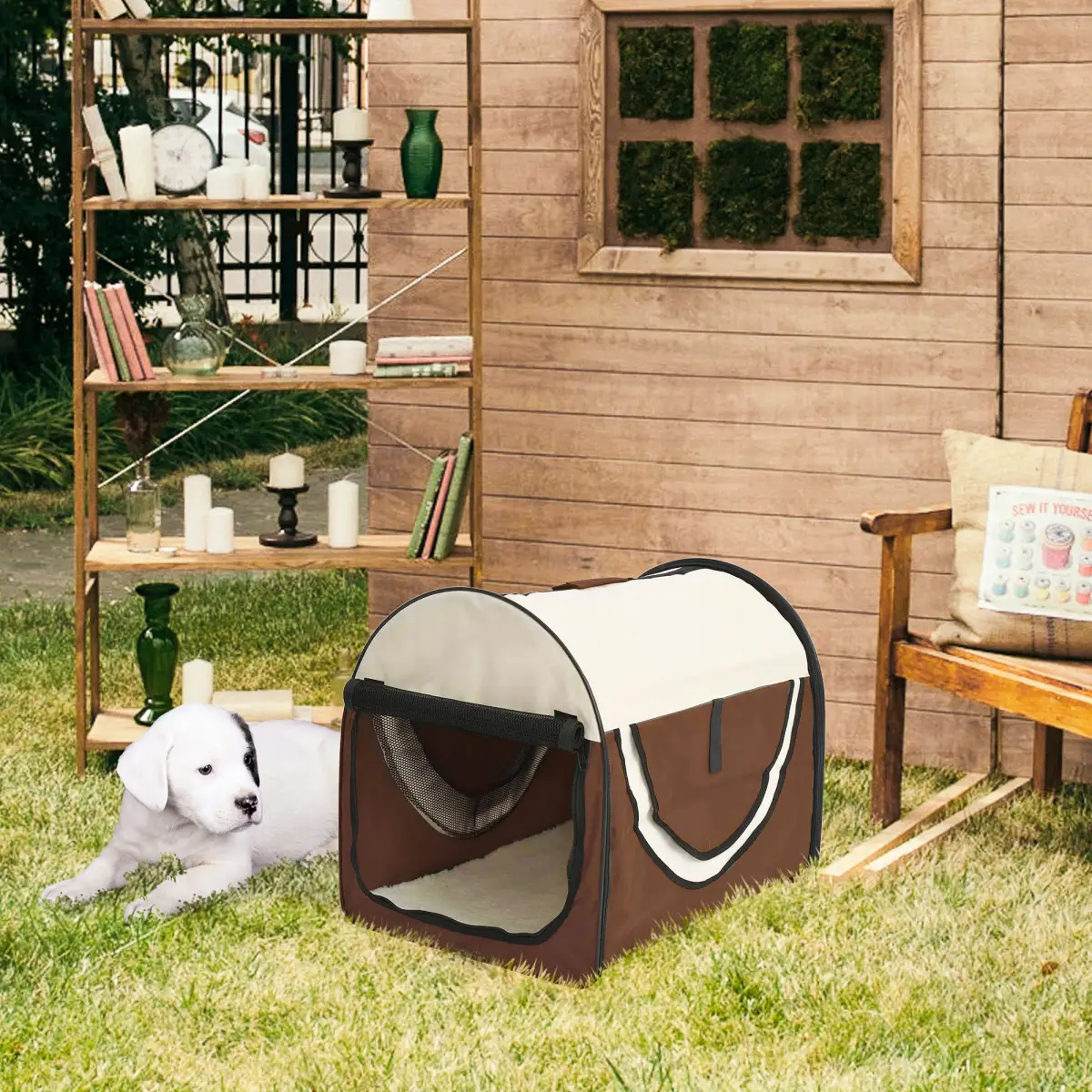 Pawhut Folding Fabric Soft Pet Crate Dog Cat Travel Carrier Cage Kennel House Brown - Pet Carrier