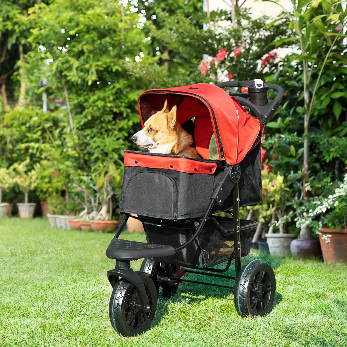 Unbranded Folding 3 Wheel Pet Stroller Travel Adjustable Canopy Storage Brake Red Pawhut - Pet Carrier